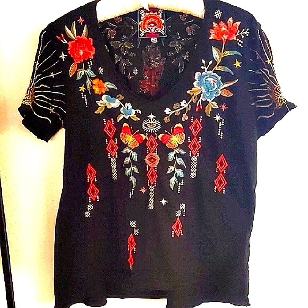 Johnny Was Black Embroidery Bird Boho Festival Witchy 100%  cotton S